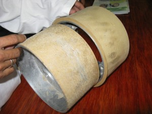 An improperly used worn rubber roll